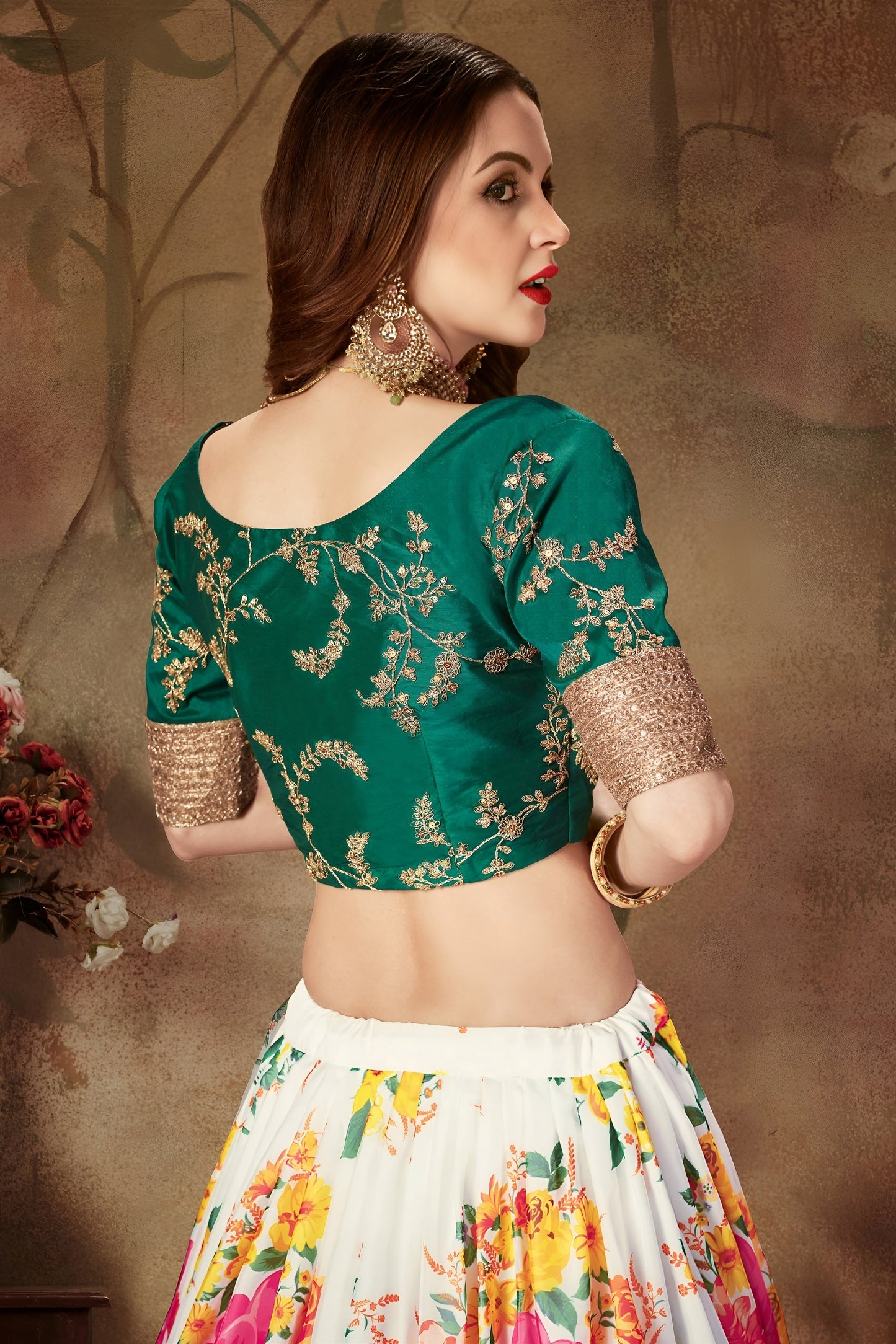 Stunning Green Embroidered Silk Blouse with White Floral Printed Organza Lehenga Choli