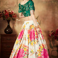Stunning Green Embroidered Silk Blouse with White Floral Printed Organza Lehenga Choli