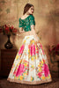 Stunning Green Embroidered Silk Blouse with White Floral Printed Organza Lehenga Choli