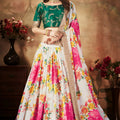  Stunning Green Embroidered Silk Blouse with White Floral Printed Organza Lehenga Choli