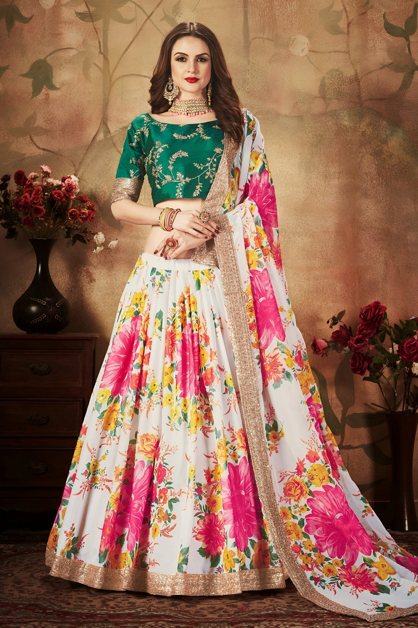  Stunning Green Embroidered Silk Blouse with White Floral Printed Organza Lehenga Choli