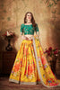 Luxurious Green Embroidered Silk Blouse with Yellow Floral Printed Organza Lehenga Choli