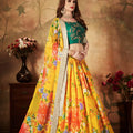 Luxurious Green Embroidered Silk Blouse with Yellow Floral Printed Organza Lehenga Choli