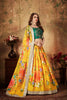 Luxurious Green Embroidered Silk Blouse with Yellow Floral Printed Organza Lehenga Choli