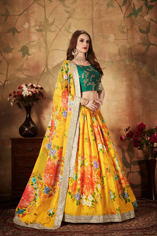 Luxurious Green Embroidered Silk Blouse with Yellow Floral Printed Organza Lehenga Choli