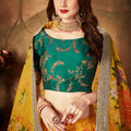 Luxurious Green Embroidered Silk Blouse with Yellow Floral Printed Organza Lehenga Choli