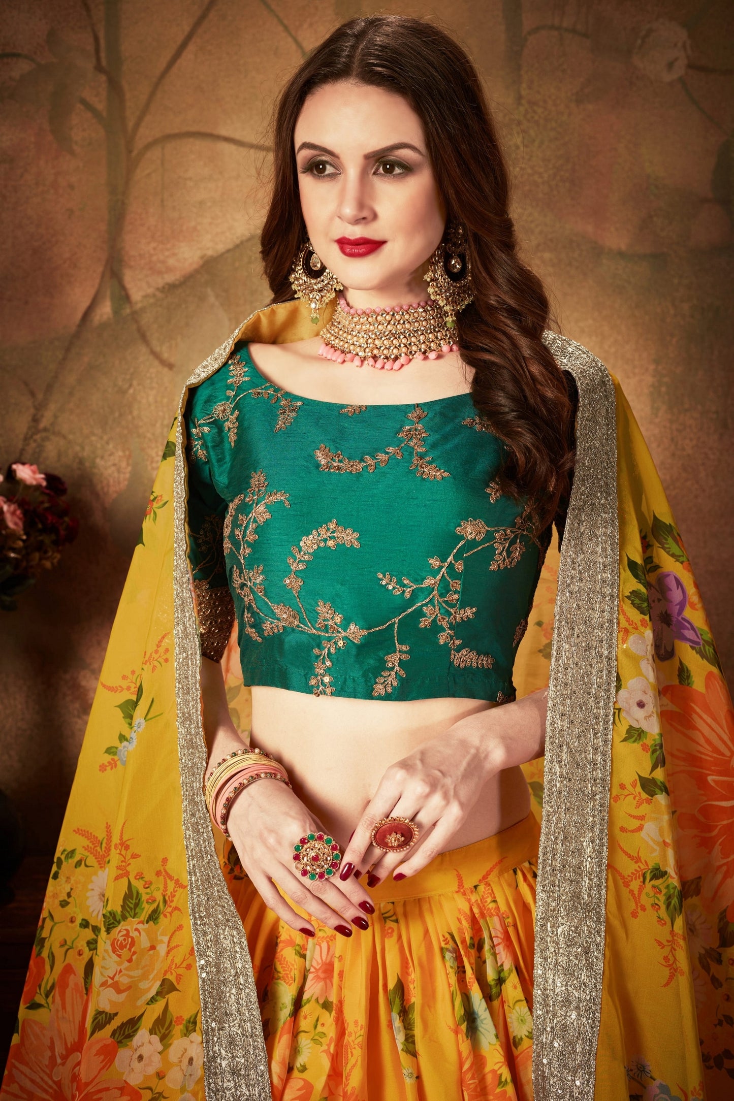 Luxurious Green Embroidered Silk Blouse with Yellow Floral Printed Organza Lehenga Choli
