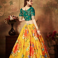 Luxurious Green Embroidered Silk Blouse with Yellow Floral Printed Organza Lehenga Choli
