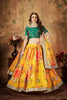 Luxurious Green Embroidered Silk Blouse with Yellow Floral Printed Organza Lehenga Choli