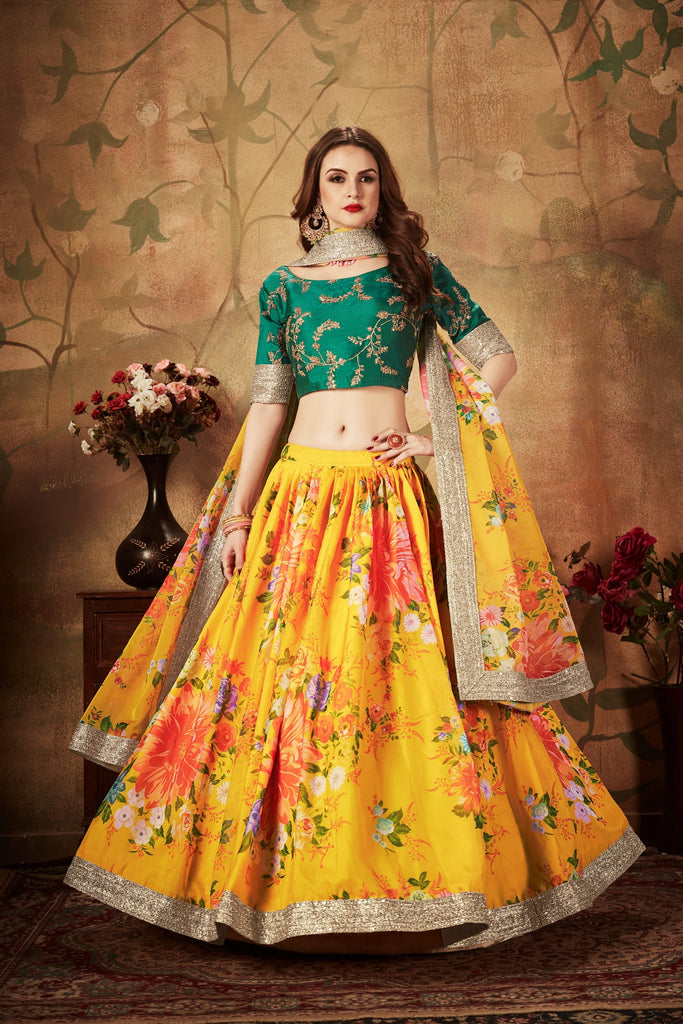 Luxurious Green Embroidered Silk Blouse with Yellow Floral Printed Organza Lehenga Choli