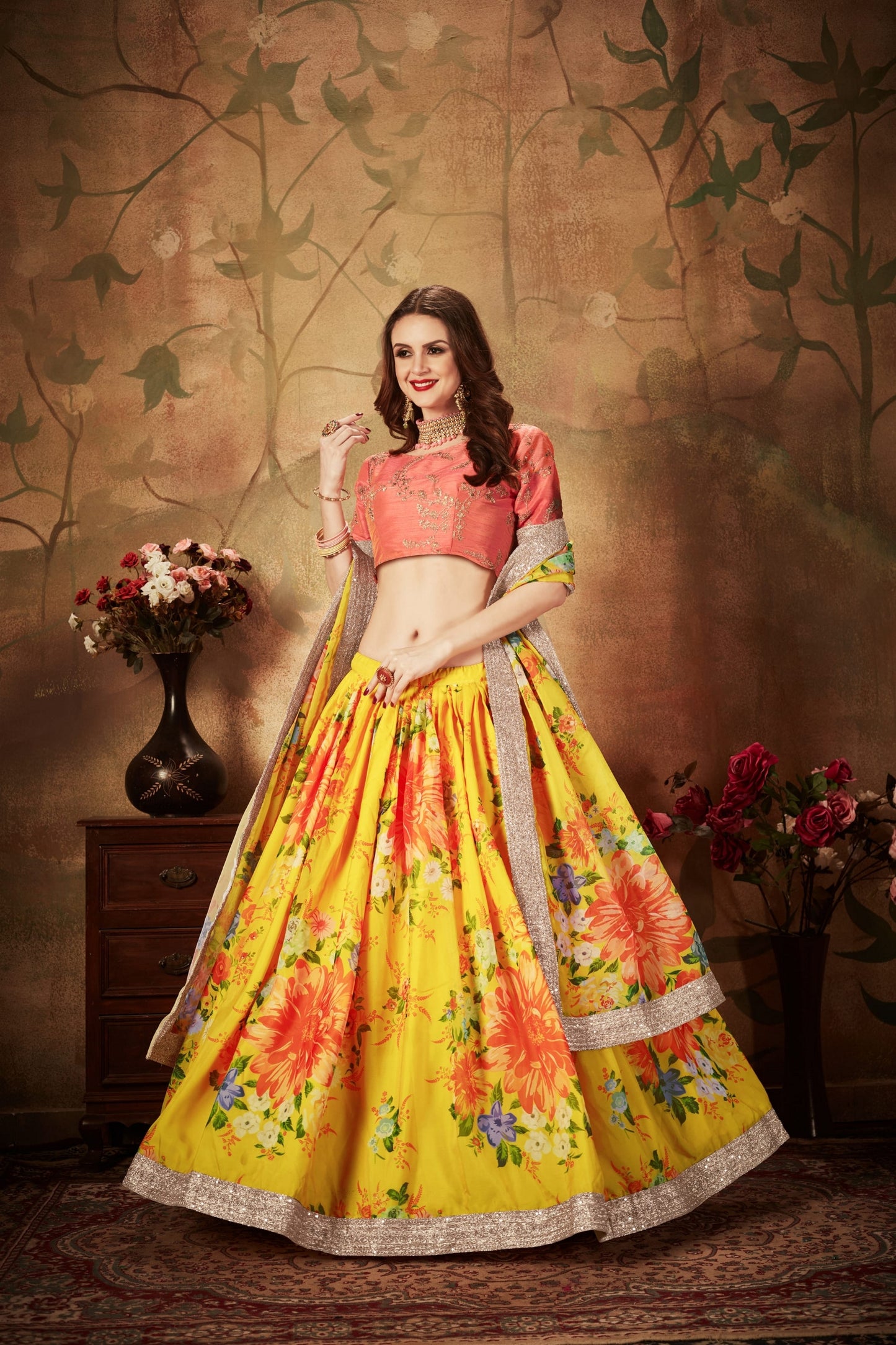 Vibrant Peach Embroidered Silk Blouse with Yellow Floral Printed Organza Lehenga Choli
