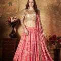 Graceful Beige Embroidered Silk Blouse with Pink Floral Printed Organza Lehenga Choli