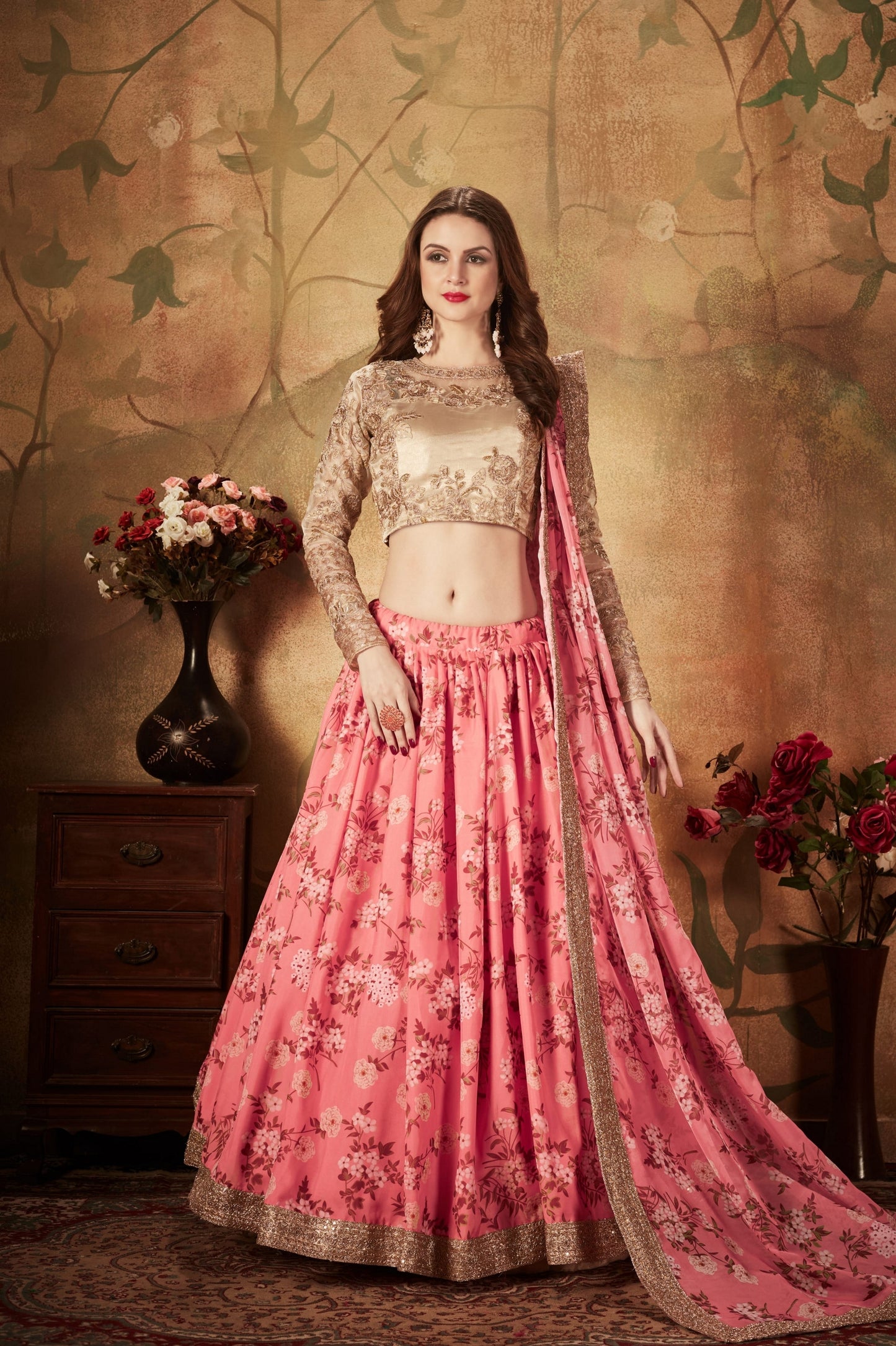 Graceful Beige Embroidered Silk Blouse with Pink Floral Printed Organza Lehenga Choli