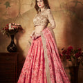 Graceful Beige Embroidered Silk Blouse with Pink Floral Printed Organza Lehenga Choli