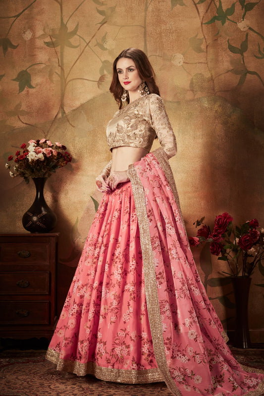 Graceful Beige Embroidered Silk Blouse with Pink Floral Printed Organza Lehenga Choli