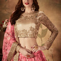 Graceful Beige Embroidered Silk Blouse with Pink Floral Printed Organza Lehenga Choli