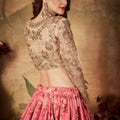 Graceful Beige Embroidered Silk Blouse with Pink Floral Printed Organza Lehenga Choli