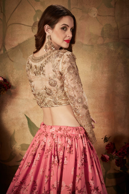 Graceful Beige Embroidered Silk Blouse with Pink Floral Printed Organza Lehenga Choli