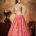 Graceful Beige Embroidered Silk Blouse with Pink Floral Printed Organza Lehenga Choli