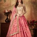 Graceful Beige Embroidered Silk Blouse with Pink Floral Printed Organza Lehenga Choli