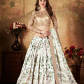 Elegant Beige Embroidered Silk Blouse with White and Green Floral Printed Organza Lehenga Choli