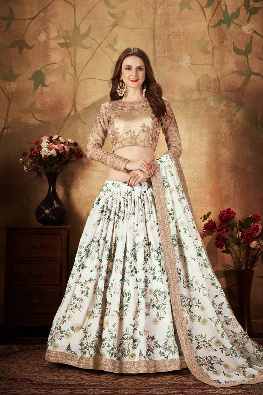 Elegant Beige Embroidered Silk Blouse with White and Green Floral Printed Organza Lehenga Choli
