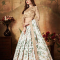 Elegant Beige Embroidered Silk Blouse with White and Green Floral Printed Organza Lehenga Choli