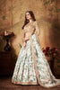 Elegant Beige Embroidered Silk Blouse with White and Green Floral Printed Organza Lehenga Choli