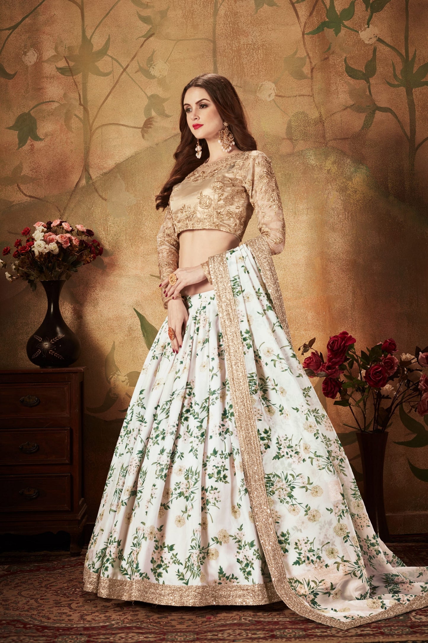 Elegant Beige Embroidered Silk Blouse with White and Green Floral Printed Organza Lehenga Choli