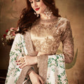 Elegant Beige Embroidered Silk Blouse with White and Green Floral Printed Organza Lehenga Choli