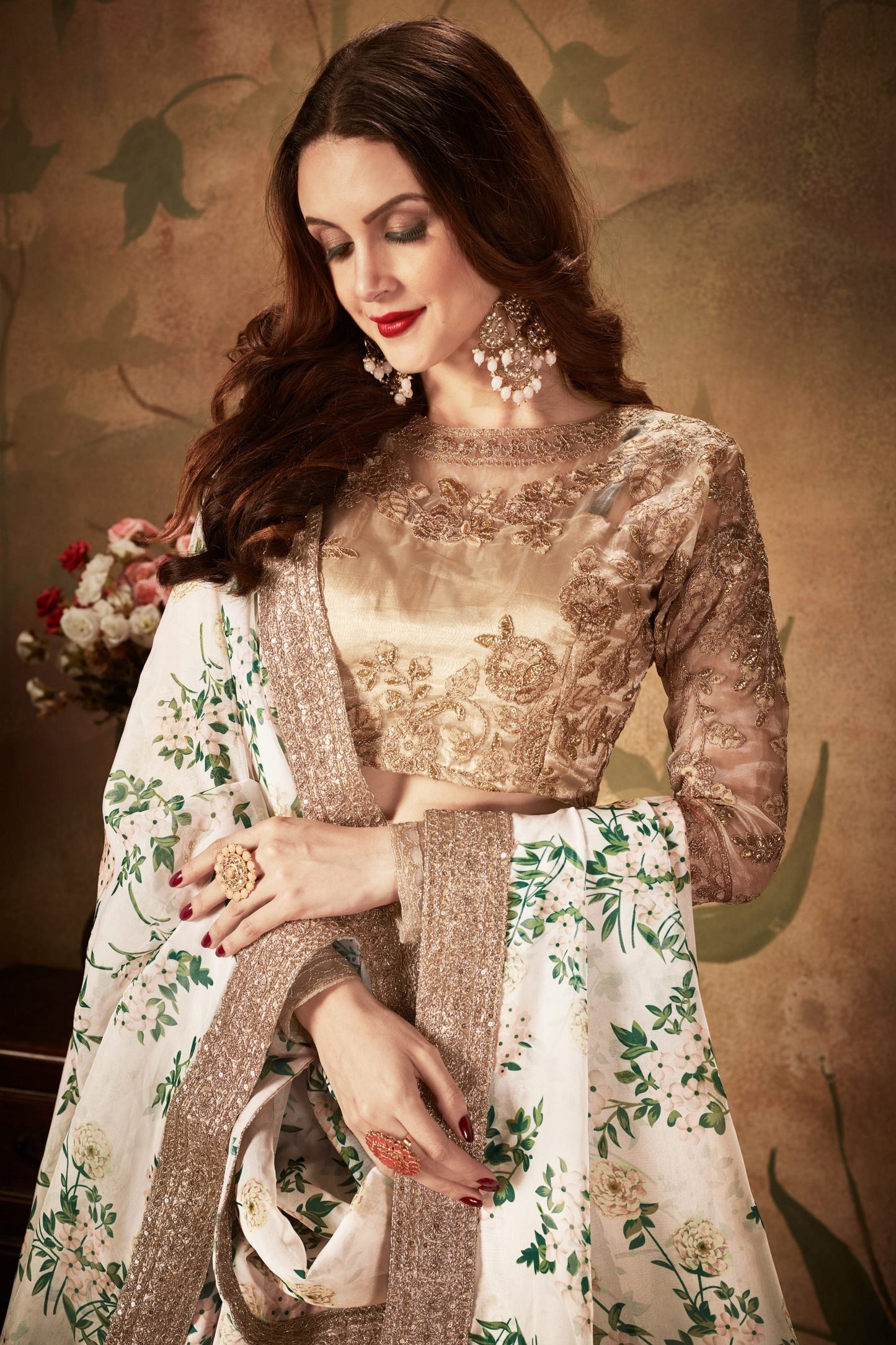 Elegant Beige Embroidered Silk Blouse with White and Green Floral Printed Organza Lehenga Choli