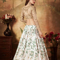 Elegant Beige Embroidered Silk Blouse with White and Green Floral Printed Organza Lehenga Choli