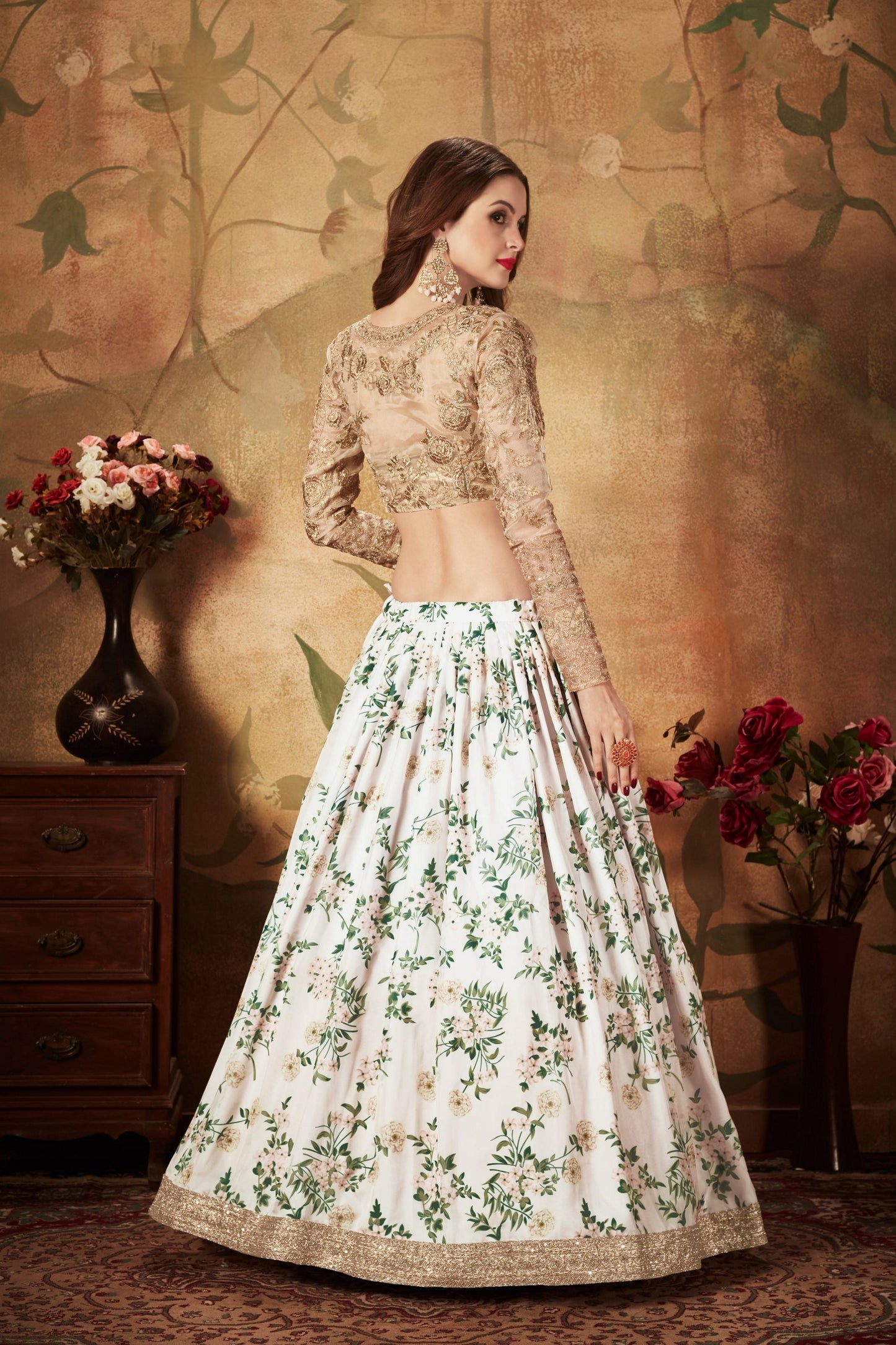 Elegant Beige Embroidered Silk Blouse with White and Green Floral Printed Organza Lehenga Choli