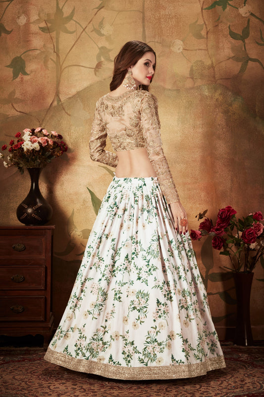 Elegant Beige Embroidered Silk Blouse with White and Green Floral Printed Organza Lehenga Choli