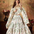 Elegant Beige Embroidered Silk Blouse with White and Green Floral Printed Organza Lehenga Choli