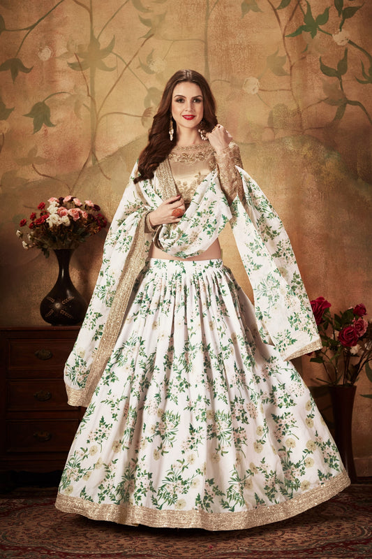 Elegant Beige Embroidered Silk Blouse with White and Green Floral Printed Organza Lehenga Choli