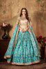 Festive Beige Embroidered Silk Blouse with Sky Blue Floral Printed Organza Lehenga Choli