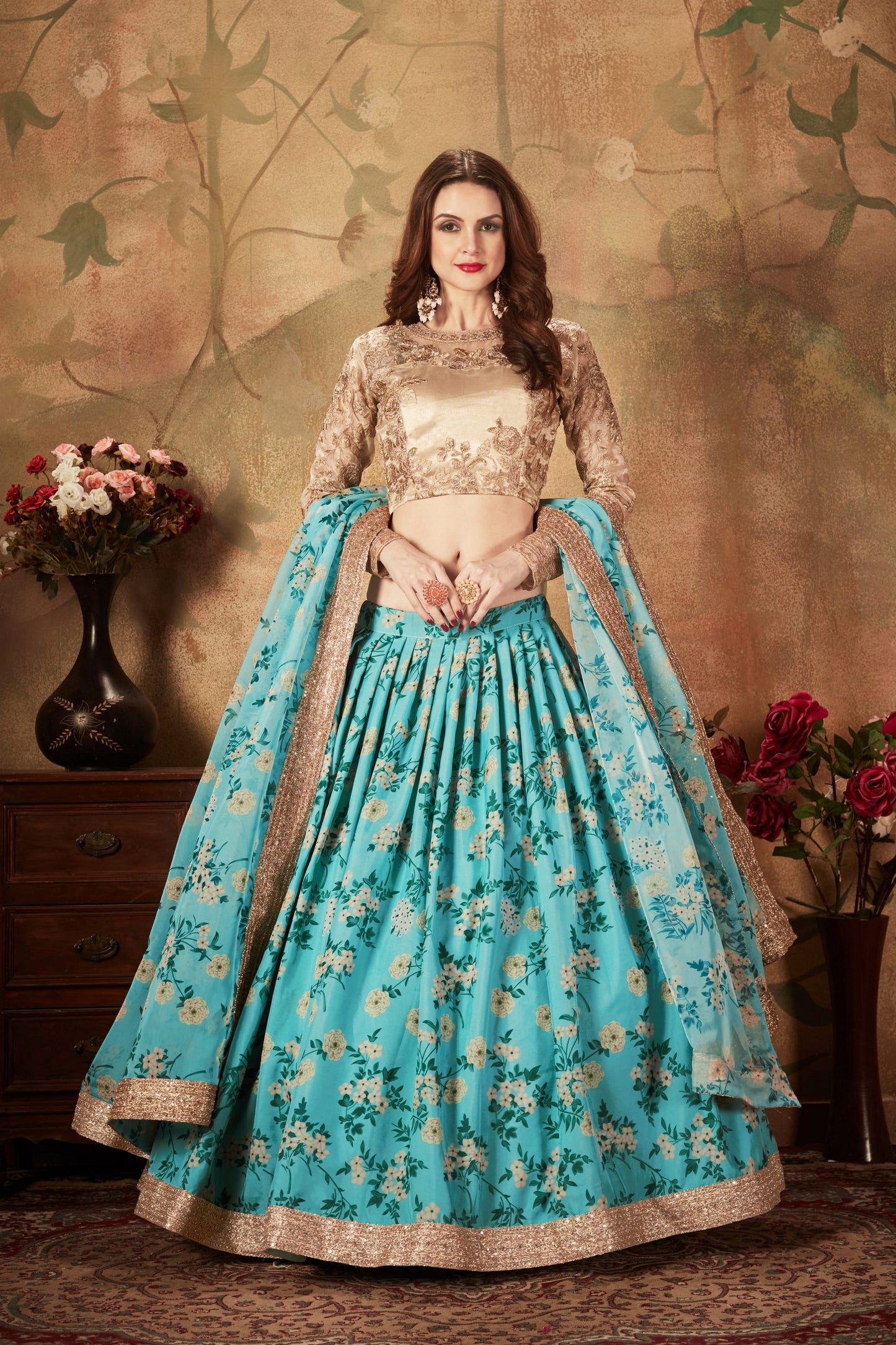 Festive Beige Embroidered Silk Blouse with Sky Blue Floral Printed Organza Lehenga Choli