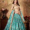 Festive Beige Embroidered Silk Blouse with Sky Blue Floral Printed Organza Lehenga Choli