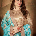 Festive Beige Embroidered Silk Blouse with Sky Blue Floral Printed Organza Lehenga Choli