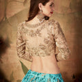 Festive Beige Embroidered Silk Blouse with Sky Blue Floral Printed Organza Lehenga Choli