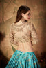 Festive Beige Embroidered Silk Blouse with Sky Blue Floral Printed Organza Lehenga Choli