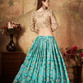 Festive Beige Embroidered Silk Blouse with Sky Blue Floral Printed Organza Lehenga Choli