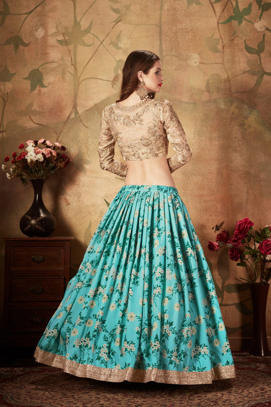 Festive Beige Embroidered Silk Blouse with Sky Blue Floral Printed Organza Lehenga Choli