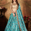 Festive Beige Embroidered Silk Blouse with Sky Blue Floral Printed Organza Lehenga Choli