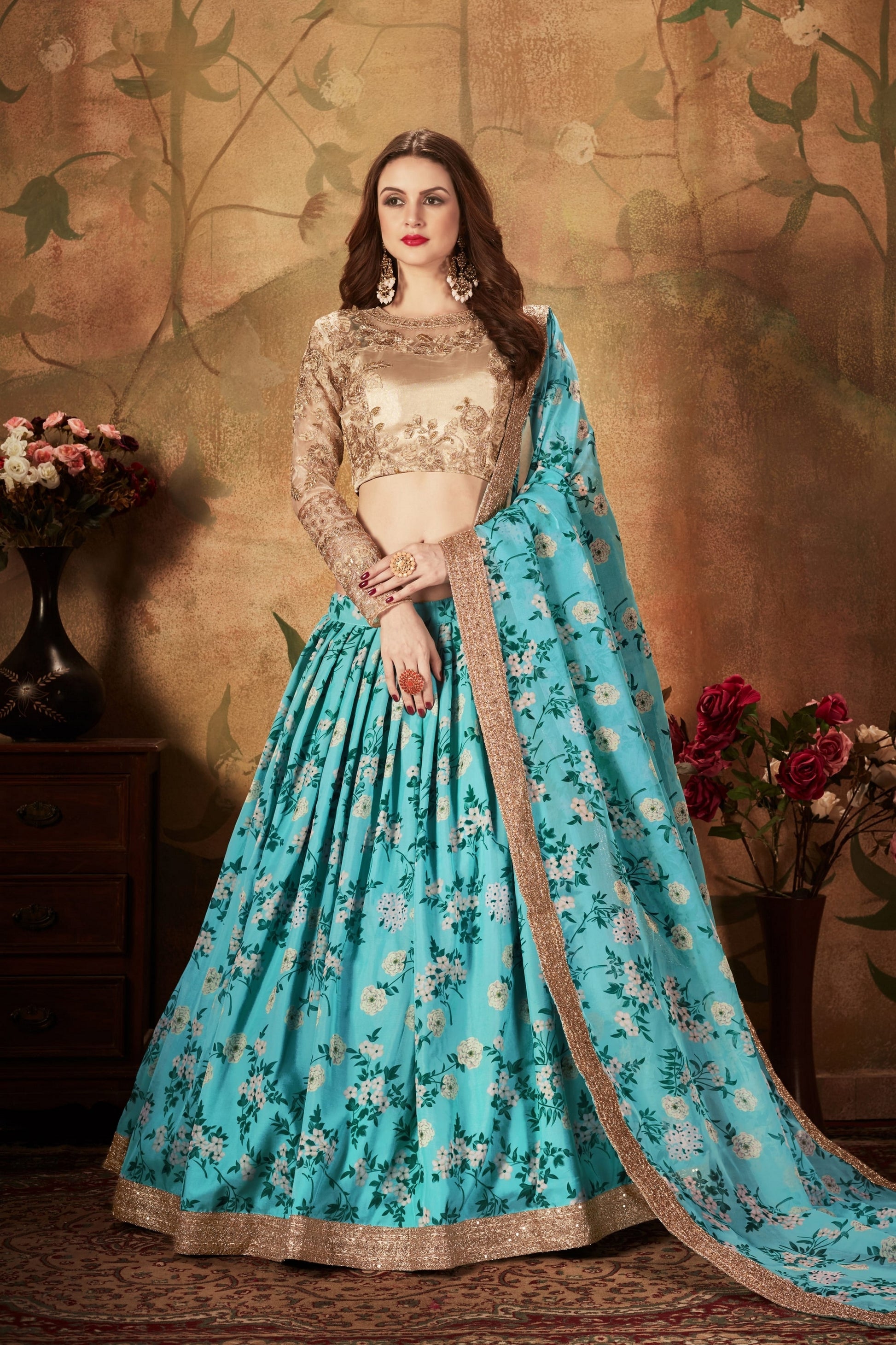 Festive Beige Embroidered Silk Blouse with Sky Blue Floral Printed Organza Lehenga Choli