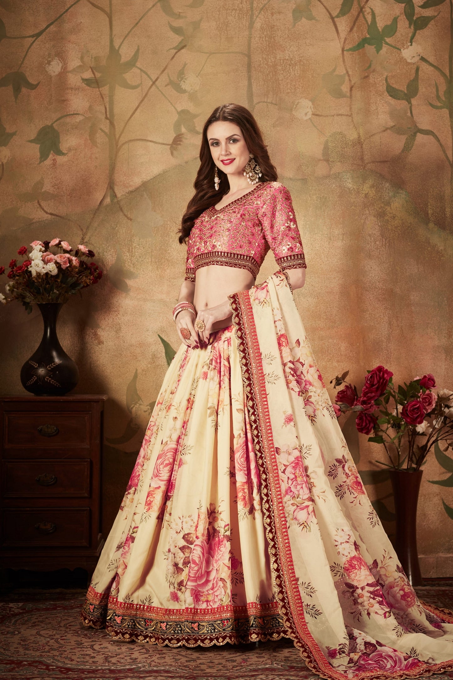 Delicate Peach Embroidered Silk Blouse with Cream Floral Printed Organza Lehenga Choli