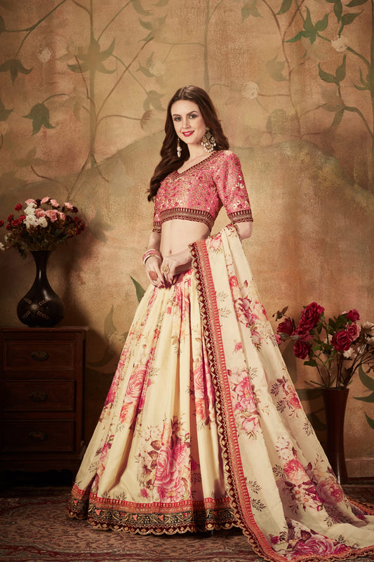 Delicate Peach Embroidered Silk Blouse with Cream Floral Printed Organza Lehenga Choli