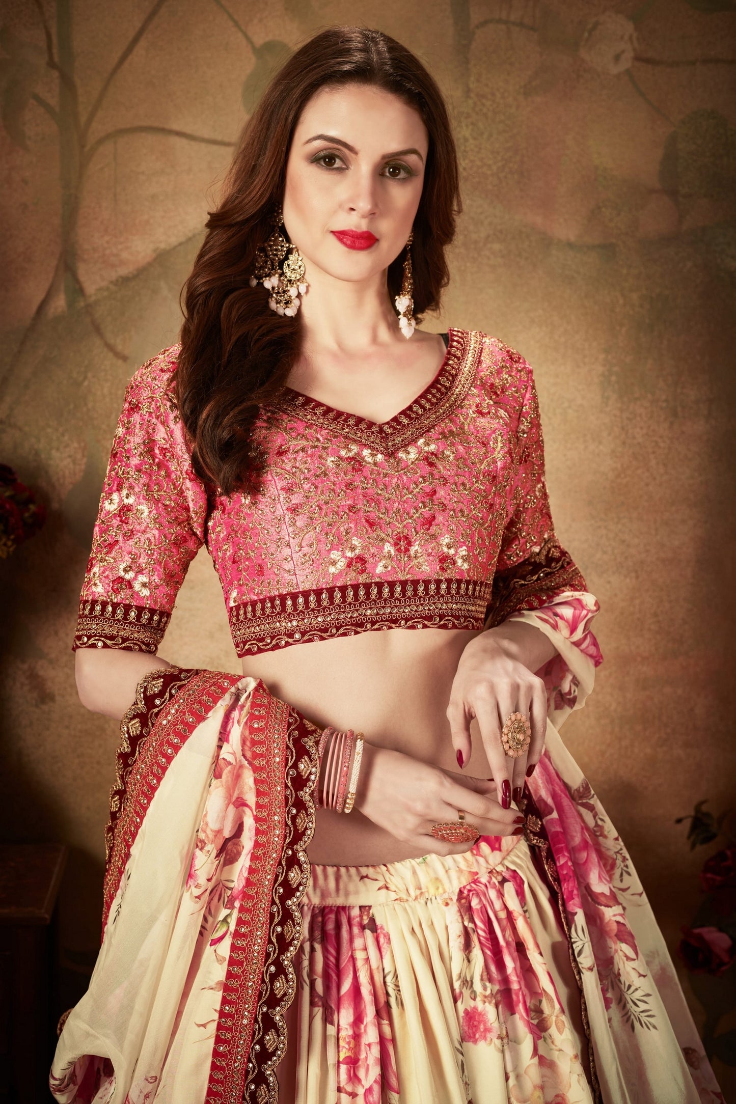 Delicate Peach Embroidered Silk Blouse with Cream Floral Printed Organza Lehenga Choli