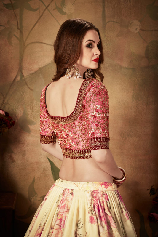 Delicate Peach Embroidered Silk Blouse with Cream Floral Printed Organza Lehenga Choli